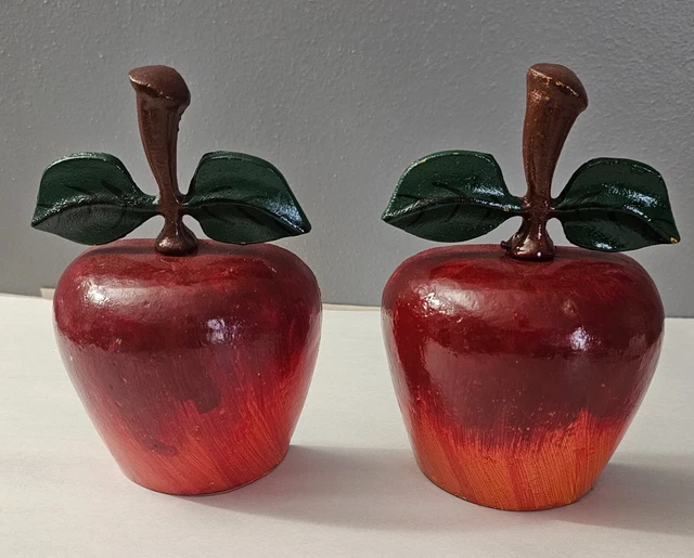 2-Vintage Cast Iron RED Apple Bookends or Door Stops