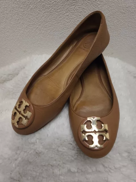 Tory Burch Claire Ballet Flats Tumbled Leather Royal Tan Womens US 5