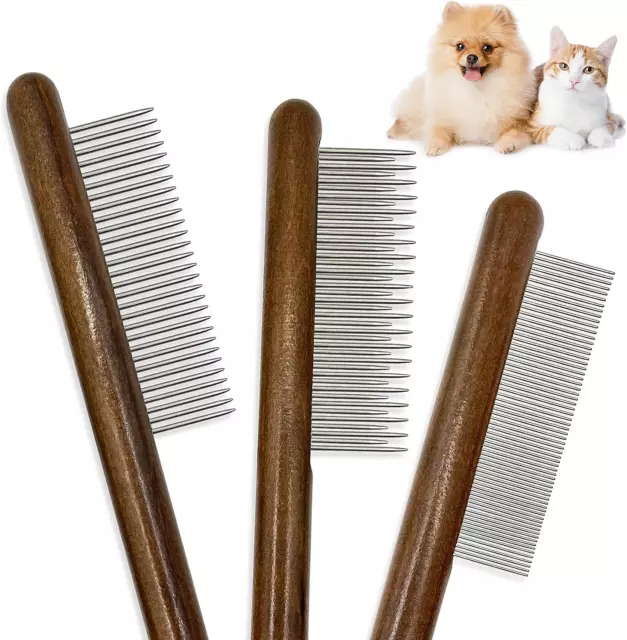 3 Pack Solid Wood Cat Combs,Flea Lice Comb with Rounded Stainless Steel Teeth fo