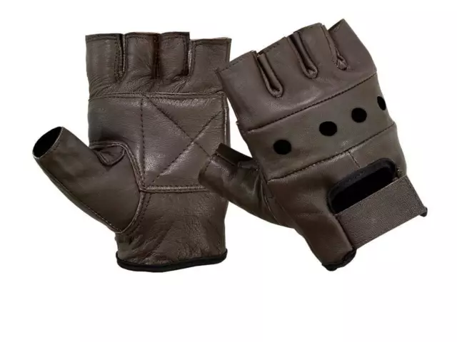 Real Leather Unisex Mens Ladies Fingerless Driving Bike Sport Gym Cycling Gloves