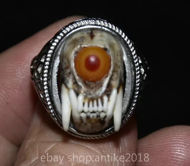 1.4" Rare Ancient Chinese silver inlay calaite Dynasty Palace bone Ring