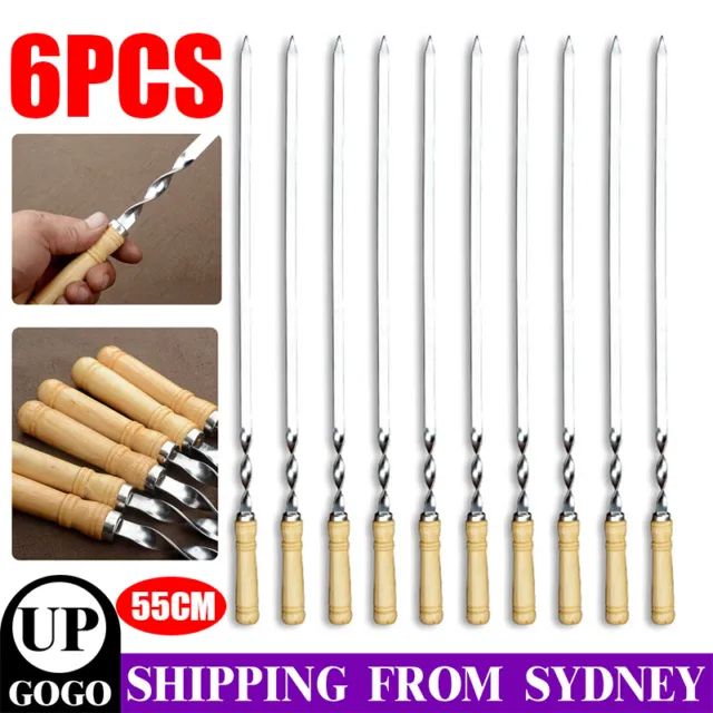 6pcs Flat Kebab Skewers Stainless Steel BBQ Meat Stick Barbecue Wooden Handle AU