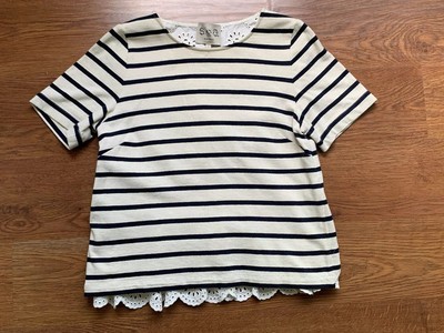 Sea New York Blue & White Stripe & Eyelet S/S Cotton Blouse Size Small