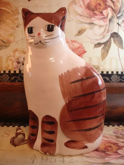 Vintage Sitting Cat Coin Bank Glossy Ceramic White & Brown with Black Stripes