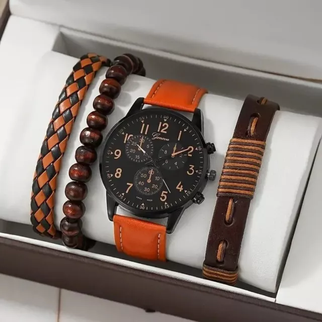 4pcs Set Mens Quartz Watches Fashion Simple Business Belt Quartz Watch  ✅ 🇬🇧