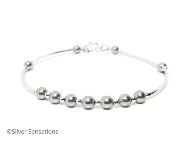 Light Grey Handmade Wedding Bangle Bracelet With Swarovski Pearls & .925 Silver