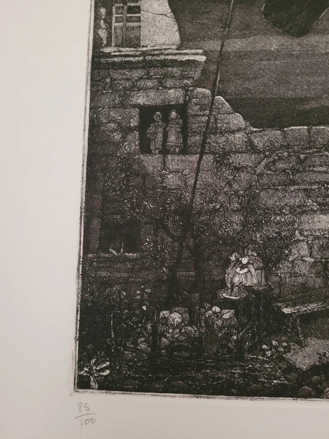 Lithographie signée et numérotée décor d'oiseau et de chat signature à identifie 9