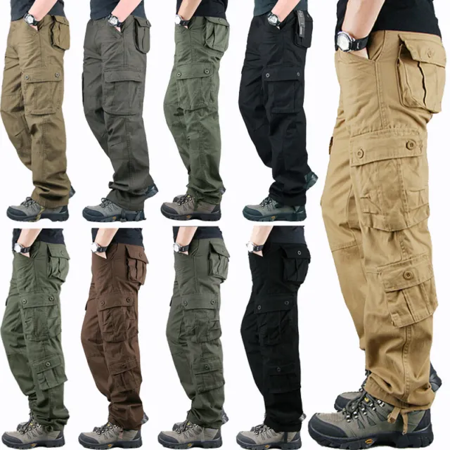 UK Mens Cargo Trousers 100% Cotton Work Trousers Tactical Combat Outdoor Pants