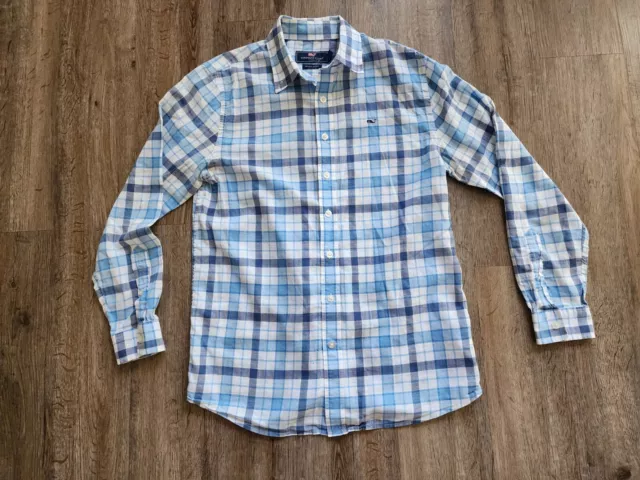 Vineyard Vines Boys size large L (16) Blue Plaid Long Sleeve Whale button Shirt