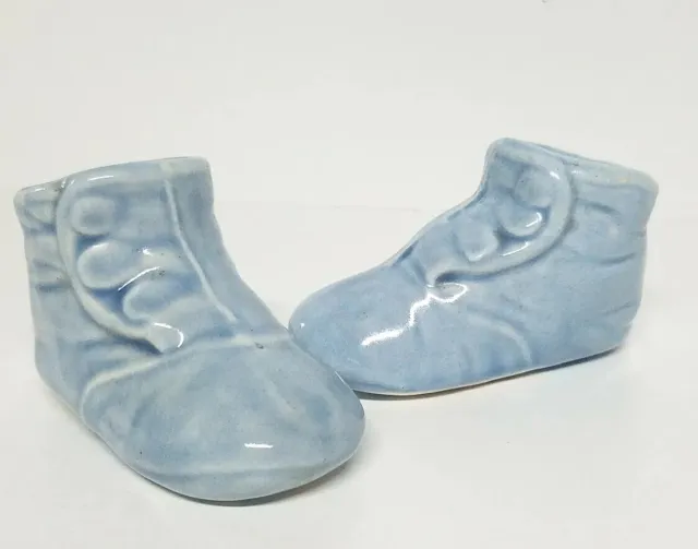 Vtg Blue Baby Shoe Booties ( 2) Ceramic Pottery 3 Side Button Planter Container