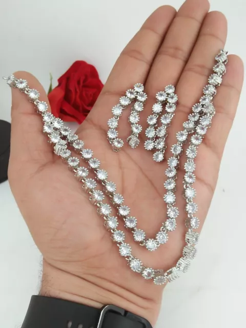 Ethnic Indian Silver Plated Bollywood Bridal AD Necklace Jewelry Set Earrings