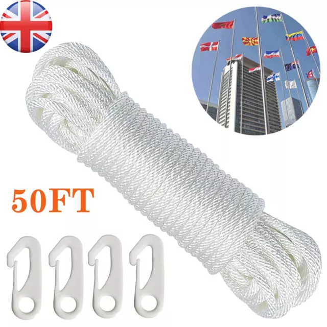 15M Nylon Flag Rope Flagpole Rope 6mm New Thick White with 4X Flag Pole Clips