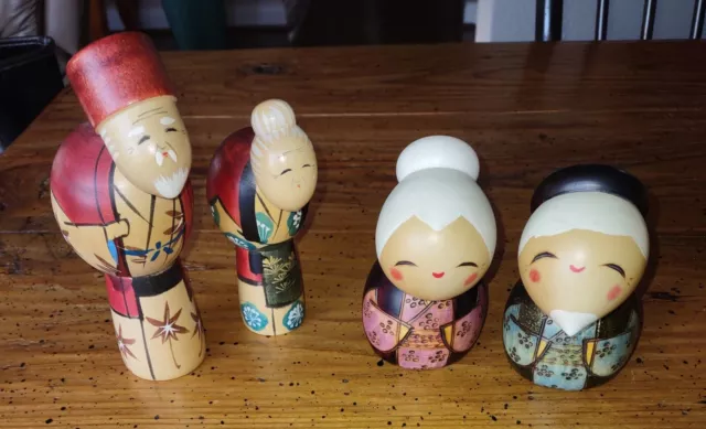 JAPANESE WOODEN KOKESHI 2 Sets  OLD Couple MAN AND WOMAN DOLLS Grandma Grandpa