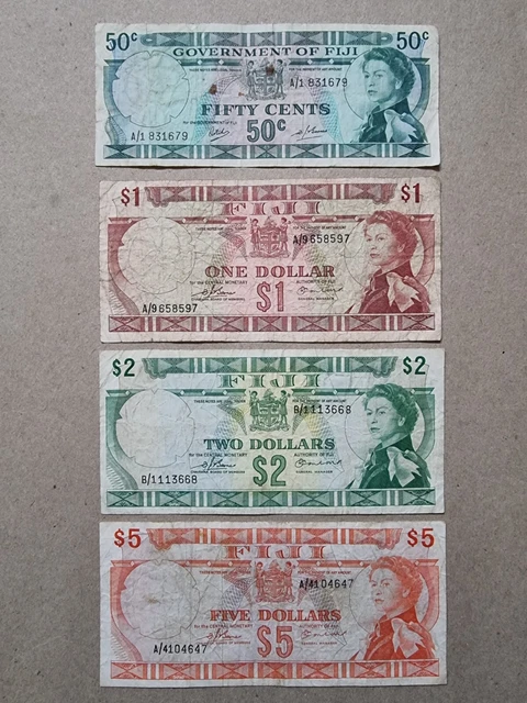 Fiji 50 cents, 1, 2 & 5 dollars Banknotes set of 4 ND 1969 - 1974 QEII