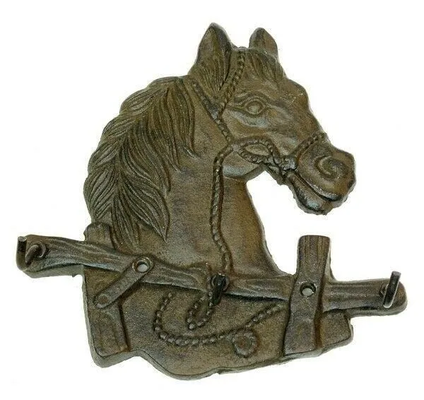 Cast Iron Horse Head with Triple Hooks Wall Mounted 6x6" Western Country Decor