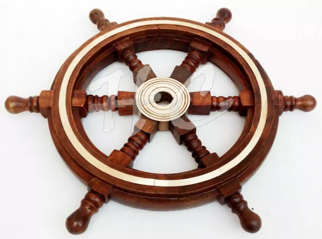 Vintage Style 18" Brass & Wood Ship Wheel Helm Nautical Home Decor Boat Steering