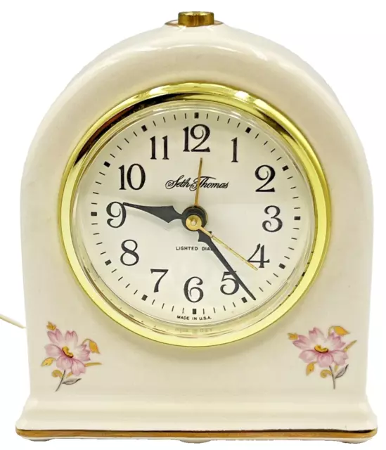 Vtg Seth Thomas 6" High "Fanciful" Ceramic Quartz Clock Gold Trim USA Works Fine