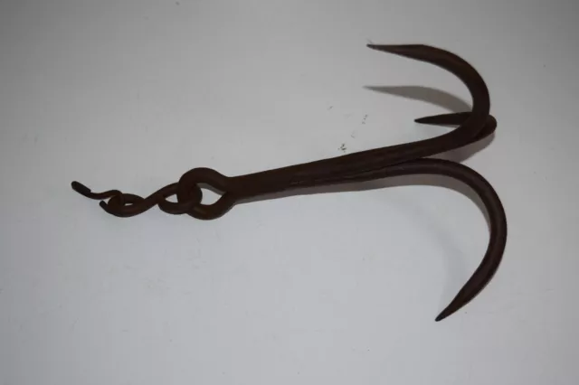 Antique Blacksmith Hand Forged Wrought Iron 3 Prong Hook / Trap Drag /Nautical