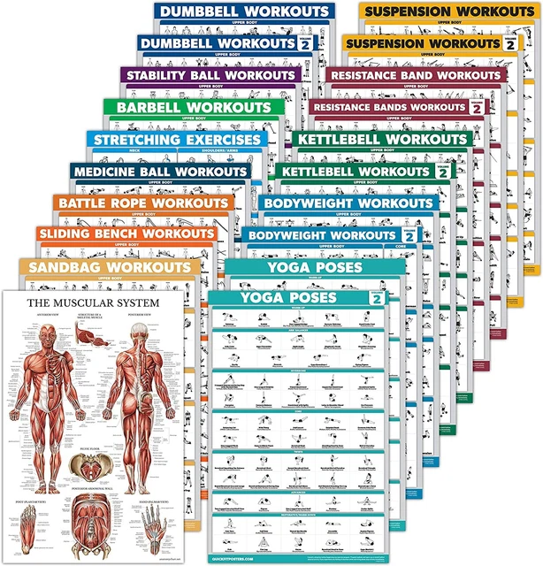 Workout Poster Set, Exercise Posters Dumbbell Yoga Kettlebell Stretching, 20PCS