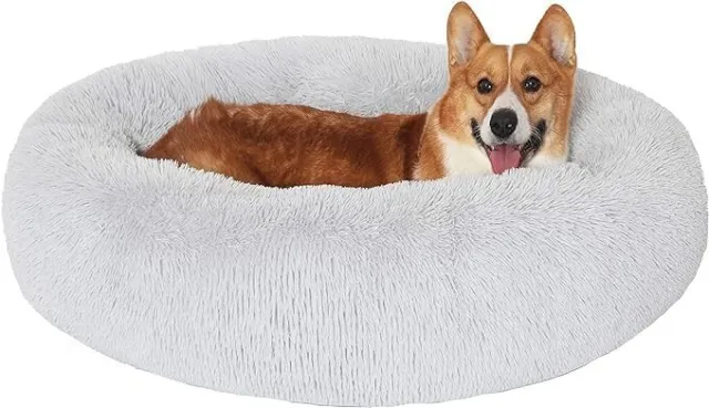 Calming Donut Dog Bed & Cat Bed, Anti-Anxiety Washable Dog Round Bed, Fluffy Fau