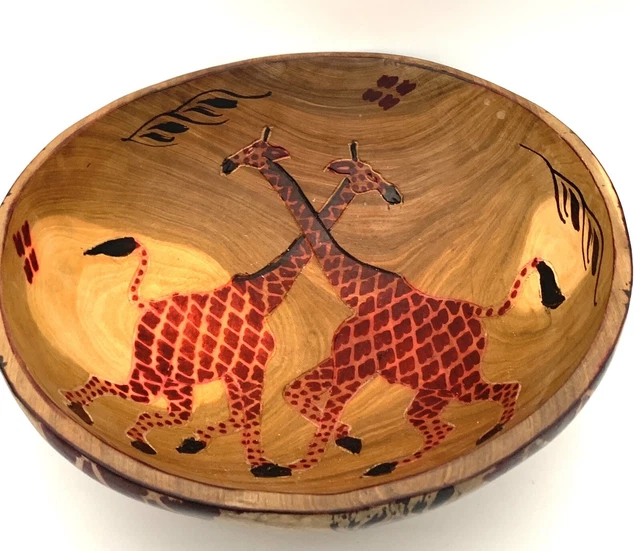 Vintage Large Heavy African Rosewood Bowl Giraffes Couple Hand Carved 11 Inch