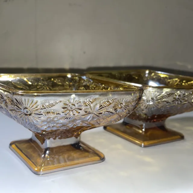 2 Vintage Indiana Carnival Glass Diamond Shaped Amber Pedestal Dish Bowl Flowers