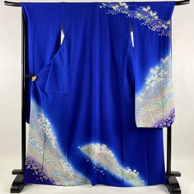 Woman Japanese Kimono Furisode Silk CherryBlossom Stream Shibori Blur NavyBlue