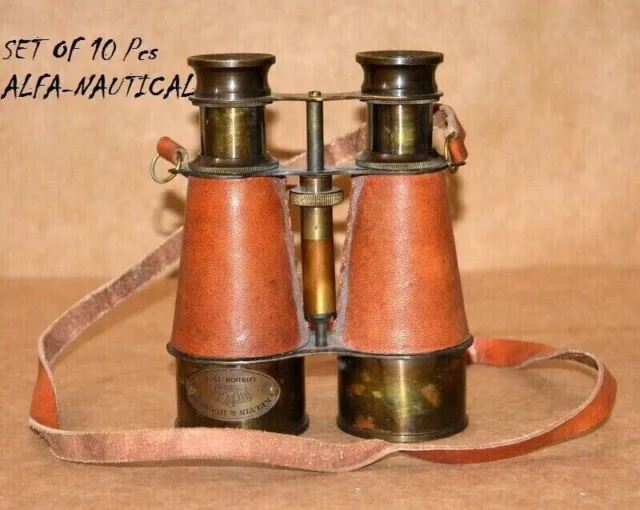 6" Nautical Brass & Leather Binocular Set of 10 Pcs Maritime Spyglass Binocular