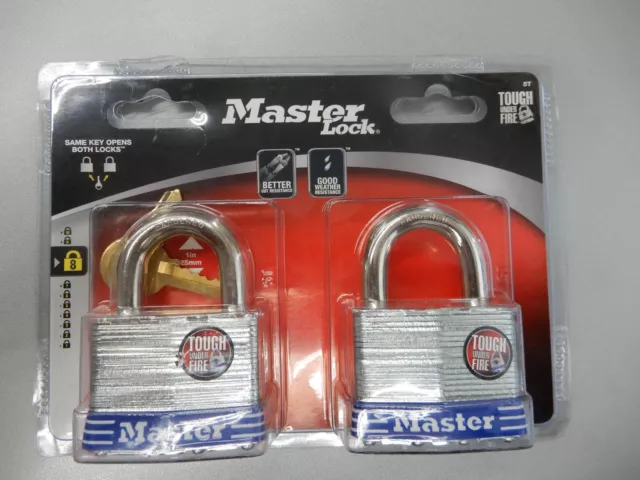 Master Lock 5T 2 in Laminated Steel Padlock, 2 Pack, Keyed Alike / NEW E5