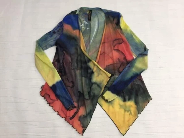 Elana Kattan Abstract Print Tie Dye Mesh Crop Open Cardigan Size S EUC