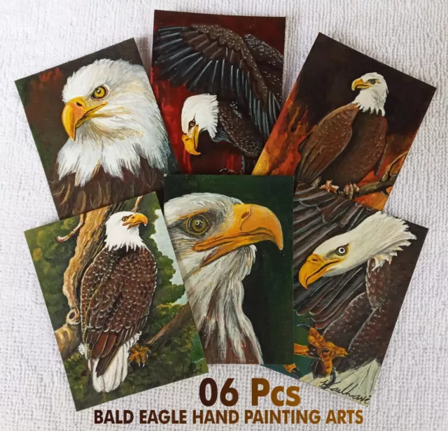 ABSTRACT BALD EAGLE ORIGINAL ACRYLIC PAINTING Art CARDS Hand Paint ACEO 6 Pcs