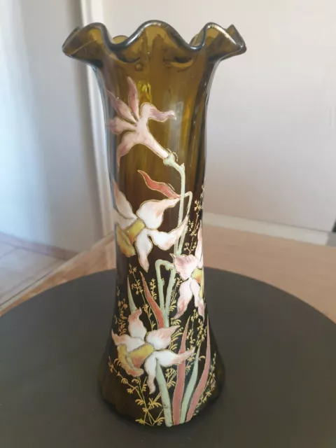 Ancien vase en verre émaillé Legras Décor Orchidée