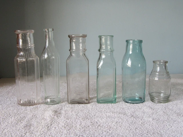 Lot of  6 aqua /clear blown glass Pickle and condiment bottles,