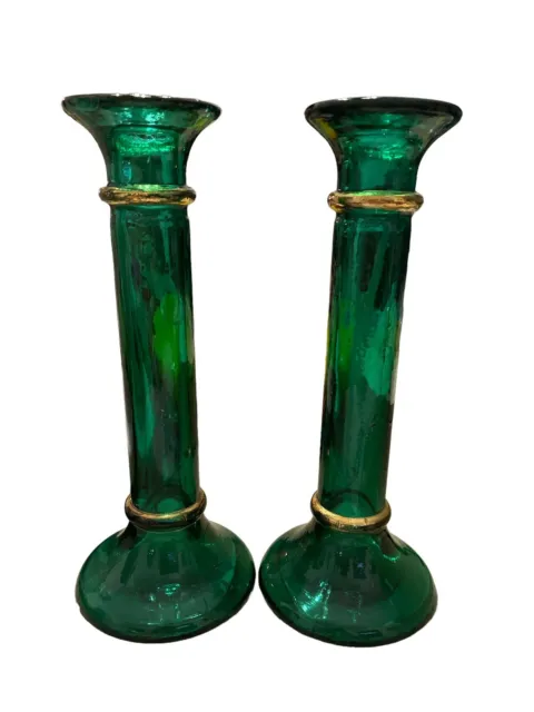Hand Blown Glass Candlesticks Candle Green gold Murano Style Art Glass