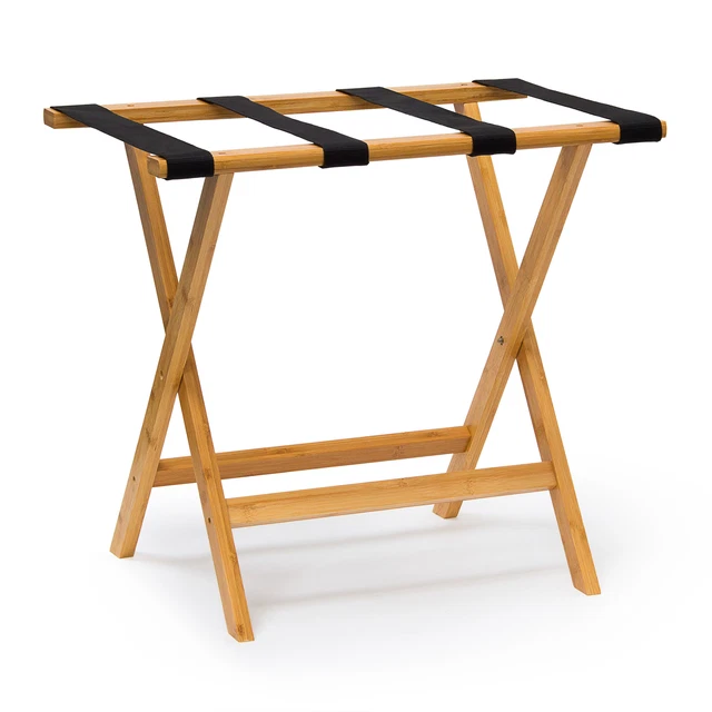 Porte-bagages Pliable En Bambou Naturel - 58x40x68cm - 2 étagères - Pour Valises Et Rangement