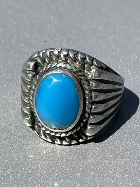 Fine Old Navajo Indian Silver Ring Strikingly Blue Turquoise Ring Size 13