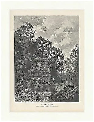 Römisches Grabmal Ferdinand Knab Teich See Kranich Sarg Tod Holzstich E 18143