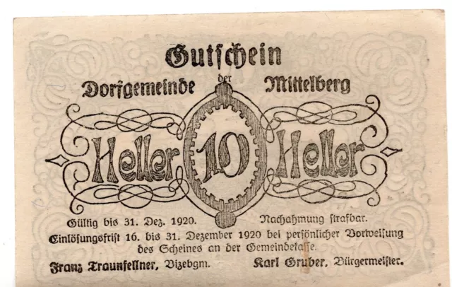 1920 Austria Mittelberg Notgeld 10 Heller Note (V76)