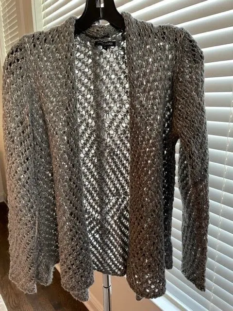Eileen Fisher Gray Silver Wool Viscose Alpaca Loose Knit Sweater Cardigan M