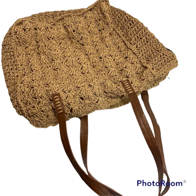 Merona Tote  Paper Cocoa Brown Crochet Faux Leather Straps Shopper Bag 14x14x6”