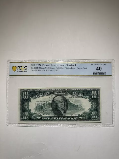 Federal Reserve Note Cleveland Full Offset Printing Error Face To Back $10 1974