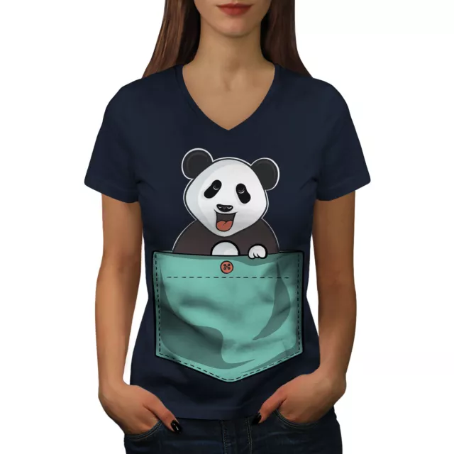 Wellcoda Cute Lil Panda Womens V-Neck T-shirt, Pocket Bear Graphic Design Tee