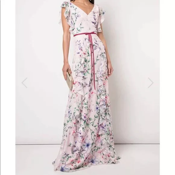 Marchesa Notte Pink V-Neck Floral Short Sleeve Chiffon Gown Dress