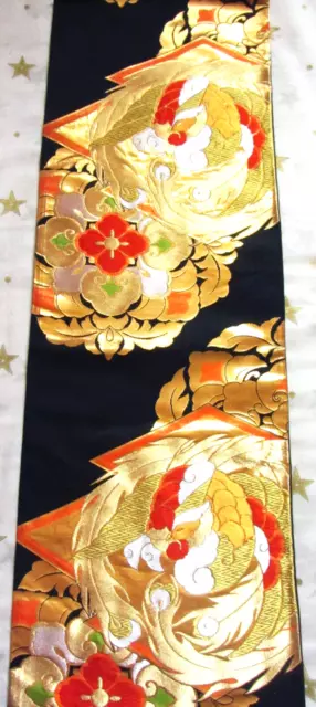 Vintage Japanese Kimono Wedding Fukuro Obi Silk Piece Golden Phoenix Flowers