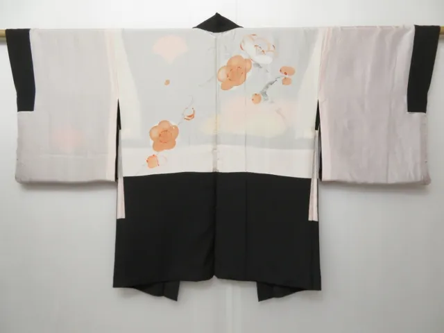 0902T01z640 Japanese Kimono Silk HAORI Black Chrysanthemum