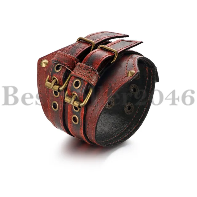 Punk Men Genuine Wide Leather Belt Bracelet Cuff Adjustable Rock Biker Bangle