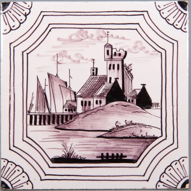 Nice Dutch Delft Manganese tile, landscape with houses and ships, circa 1900.