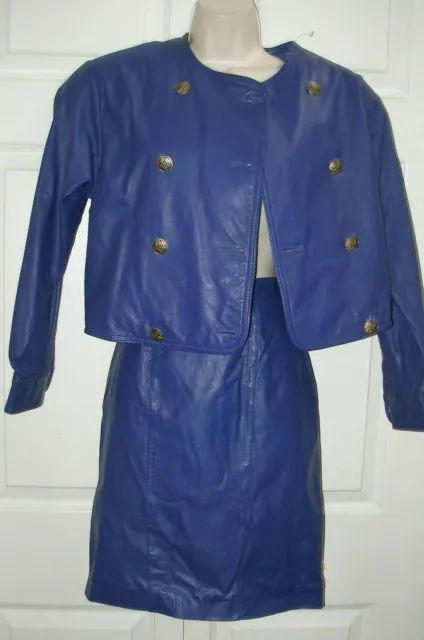 1970'S LORD &TAYLOR Petites Vintage Women's Blue Leather Jacket Skirt ...