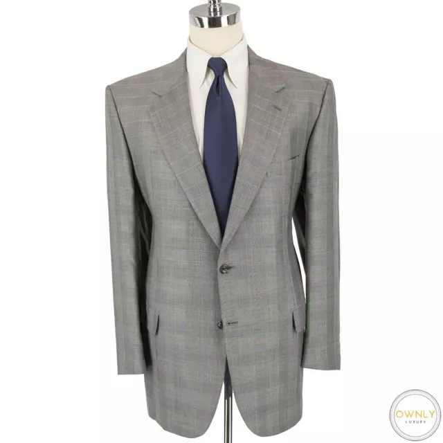 LNWOT CURRENT Brioni Grey Blue Wool Silk Plaid Woven Flat Front 2Btn Suit 46L