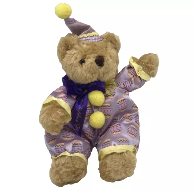 Christopher Radko Plush Easter Beige Teddy Bear Purple & Yellow Clown Suit.